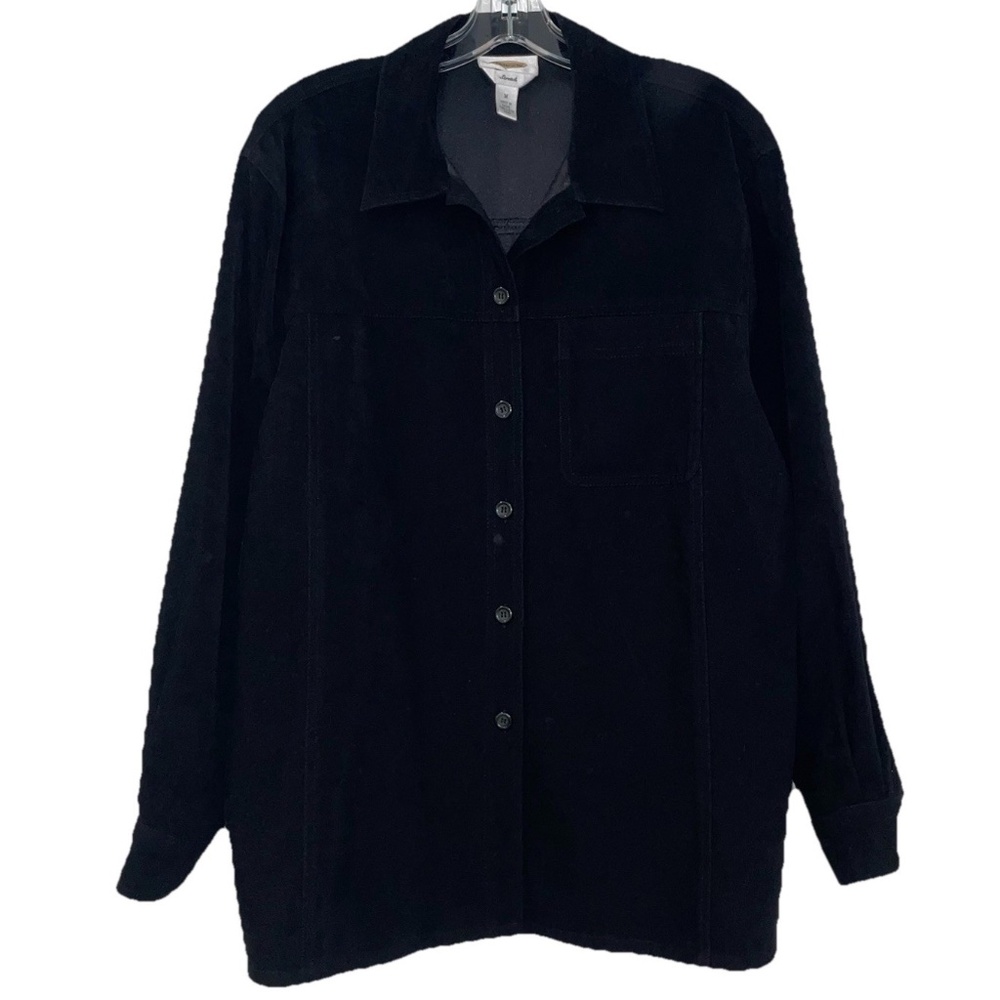 TALBOTS  Black Velvet Blouse MEDIUM  Stretch Button Down Long Sleeve  EUC